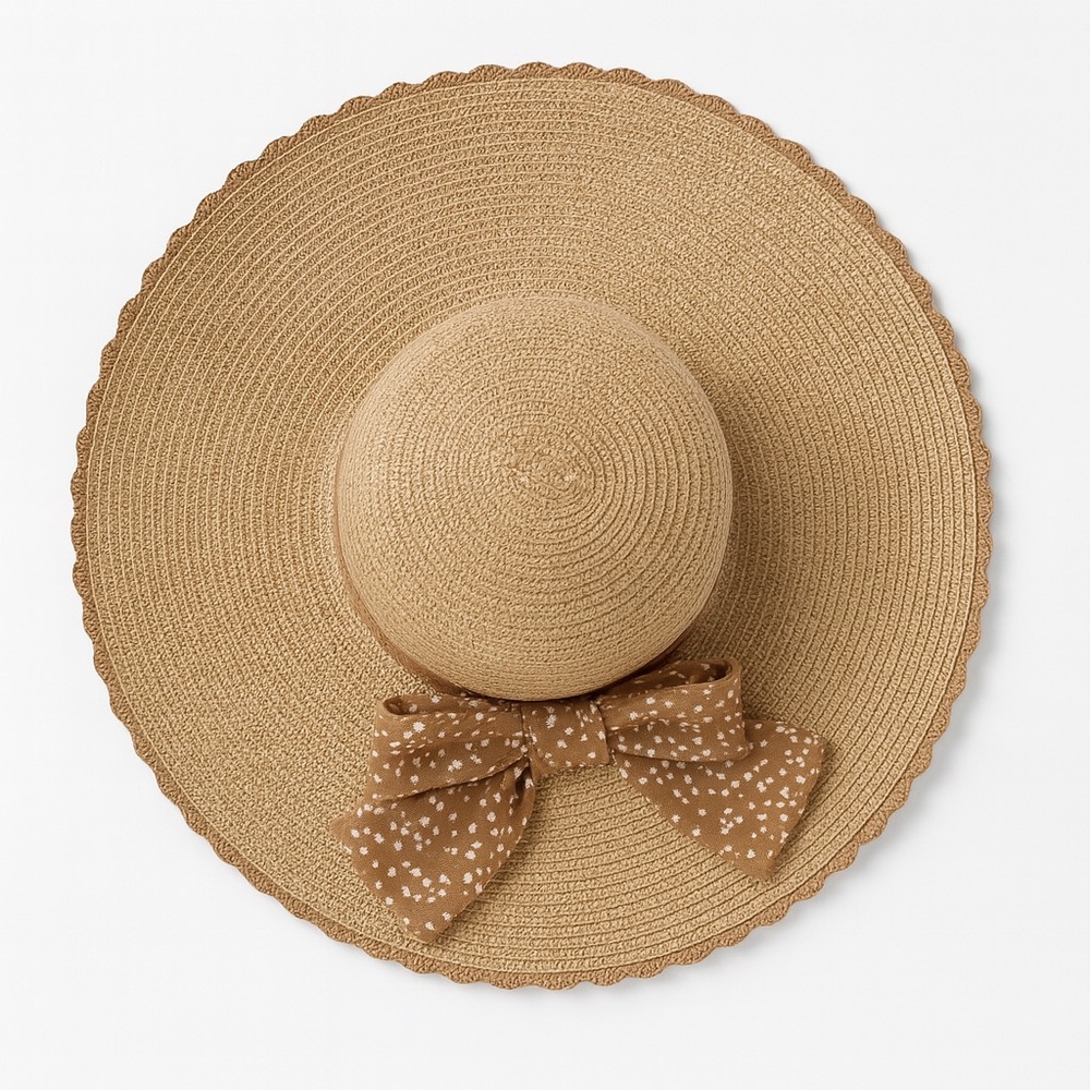 🤎 Wide Brim Straw Sun Hat – Tan, One Size Floral Bow Detail Beach Vacation